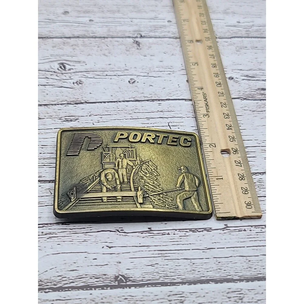 Vintage Portec Railroad Track Belt Buckle Construction Figural Gold Tone